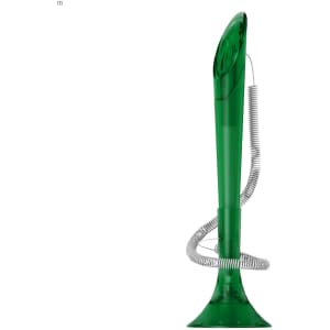 A green plastic pen with a unique design, featuring a coiled metal spring attached. It has a logo on the side.