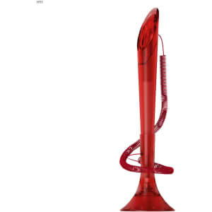 A red pen with a spiral cord, featuring a sleek, modern design and a sturdy base. It has branding on it.