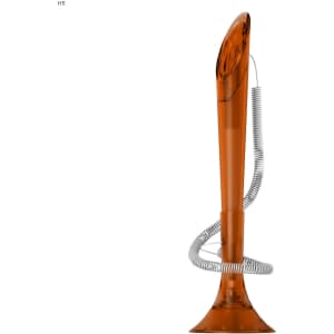 An orange plastic pen with a spiral coil, featuring a sleek design and a base for stability. It has a logo.