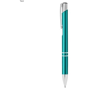 A teal metal pen with silver accents and a clip, featuring a sleek design and a shiny finish.