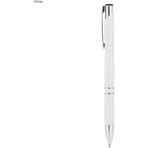 A white metal pen with chrome accents and a sleek design. It features a clip and a logo on the side.
