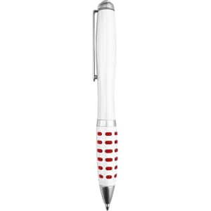 A metal pen with a white barrel and a red dotted grip, featuring a silver clip and tip.