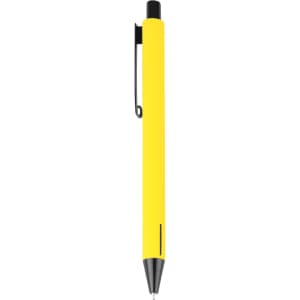 A metal pen in bright yellow with a black clip and tip, featuring a logo on the barrel.