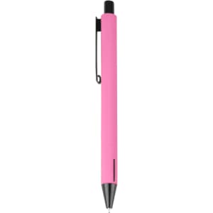 A pink metal pen with a black clip and tip, featuring a simple design and a branding logo.
