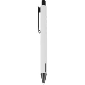 A metal pen in white with a black tip and clip, featuring a simple, sleek design and a branding logo.