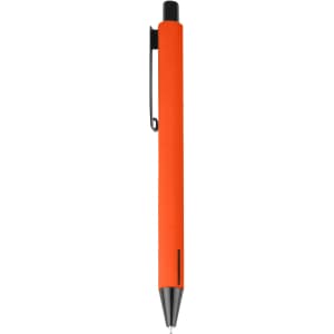 An orange metal pen with a black clip and tip, featuring a sleek design and simple branding.
