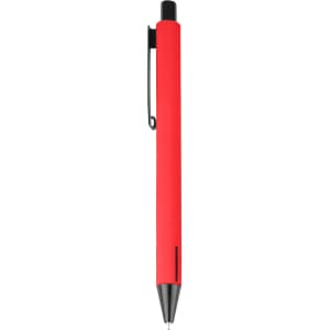 A red metal pen with a black clip and tip, featuring a sleek design and a logo on the barrel.