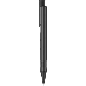 A sleek black metal pen with a clip and fine tip, featuring a logo on the barrel.