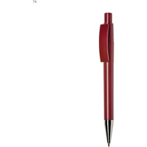 A red plastic pen with a clip and a silver tip, featuring a logo on the barrel.