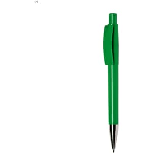 A green plastic pen with a clip and chrome trim at the tip, featuring a simple design.