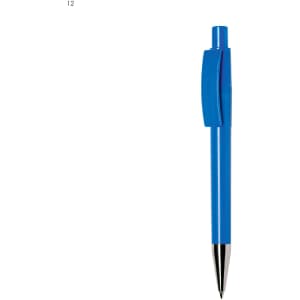 A blue plastic pen with a smooth body and a clip on the side, featuring a shiny silver tip.