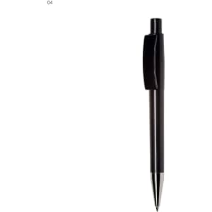 A plastic pen in black with a sleek design and a clip, featuring a metallic tip and a branding logo.