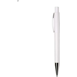 A white plastic pen with a silver clip and tip, featuring a simple, sleek design and a logo.