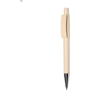 An off-white plastic pen with a clip and a silver tip, featuring a branding logo.