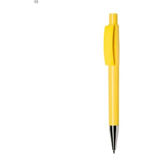 A yellow plastic pen with a click mechanism and a shiny silver tip. It has a simple design and a logo on the barrel.