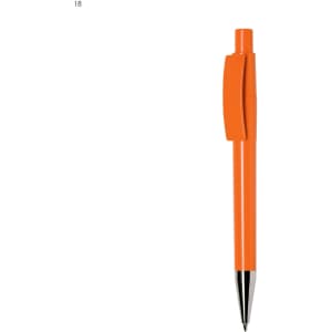An orange plastic pen with a click mechanism and a simplistic design, featuring a clip and chrome trim.