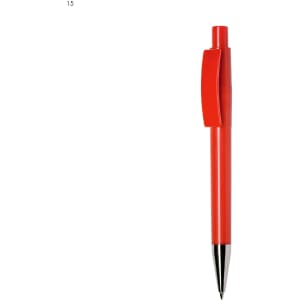 A plastic pen in bright red with a clip and a smooth nib, featuring a branding logo.