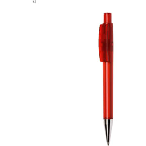 A red plastic pen with a transparent barrel and a clip, featuring a silver tip. It has a branding logo on the barrel.