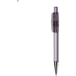 A plastic pen in grey with a transparent barrel and a silver tip. It features a logo on the barrel.