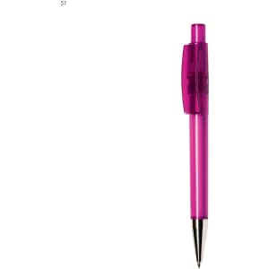 A plastic pen in vibrant pink with a transparent barrel and a silver tip, featuring a logo.
