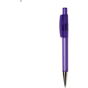 A plastic pen in a vibrant purple colour with a clear barrel and a clip. It features a logo on the barrel.