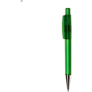 A green plastic pen with a clear barrel and a silver tip, featuring a clip design. It has a logo on the barrel.