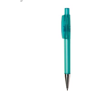 A plastic pen in a translucent teal colour with a silver barrel and a clip. It features branding on the body.