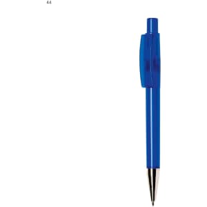 A blue plastic pen with a clear grip and a metal nib, featuring a logo on its body.