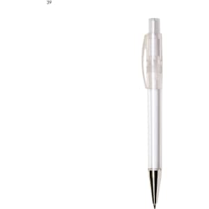 A clear plastic pen with a retractable nib and a silver metallic tip, featuring a simplistic design and branding.