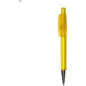A plastic pen in bright yellow with a retractable tip and a clip. The pen has a branding logo on it.