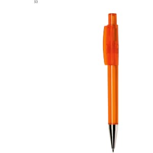 An orange plastic pen with a transparent barrel and a clip, featuring a silver tip and a branding logo.