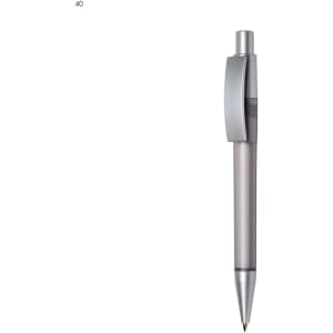 A plastic pen in silver and grey with a clip and a shiny chrome tip, featuring a branding logo.