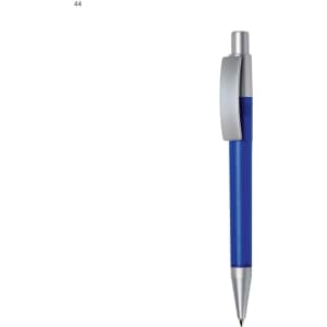 A plastic pen with a blue barrel and silver accents, featuring a clip and a pointed tip.