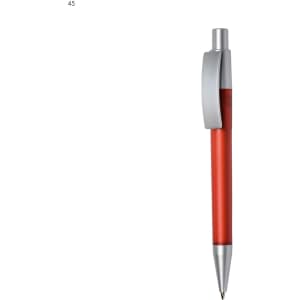 A red plastic pen with a silver clip and tip, featuring a sleek design and a logo on the side.