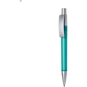 A turquoise plastic pen featuring a silver clip and a branded logo on the barrel.