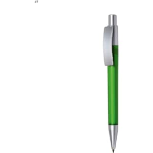 A green plastic pen with a silver clip and tip, featuring a branding logo.