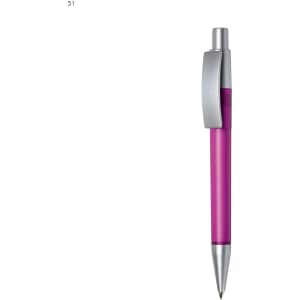 A pink plastic pen with a silver clip and tip, featuring a branded logo.