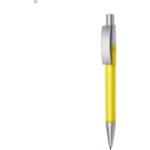 A plastic pen with a yellow barrel, silver accents, and a clip. It features a logo on the barrel.