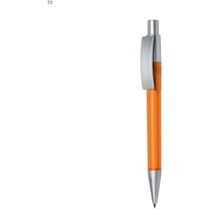 An orange plastic pen with a silver clip and tip, featuring a logo on the barrel.