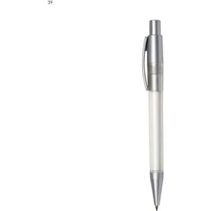 A plastic pen in silver with a clear barrel and a silver clip. The pen features a shiny finish.