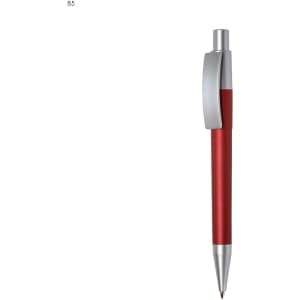 A red plastic pen with a silver clip and tip, featuring a sleek design and a branding logo.