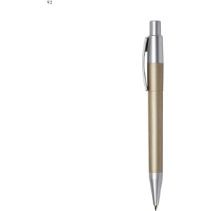A plastic pen featuring a gold barrel and silver accents, complete with a clip and a logo.