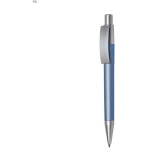 A blue plastic pen with a silver clip and a sleek design, featuring a branding logo.