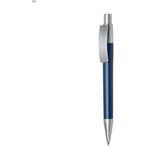 A blue plastic pen with a silver clip and nib, featuring a sleek design and a logo.