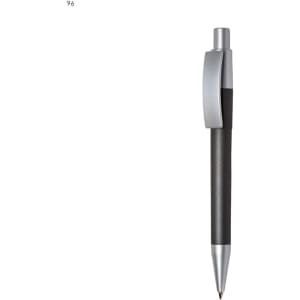 A silver and black plastic pen with a clip and a sleek design. It has a branding logo on the body.