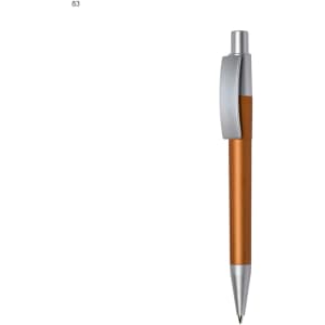 A plastic pen with a silver clip and a copper-coloured barrel. It has a sleek design and a pointed tip.