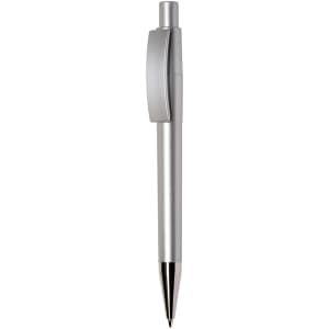 A silver plastic pen with a smooth finish and a retractable click mechanism. It features a logo on the barrel.