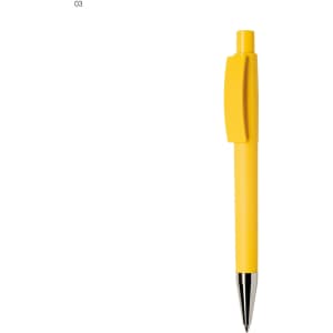A yellow plastic pen with a clip and silver tip, featuring a logo on the barrel.