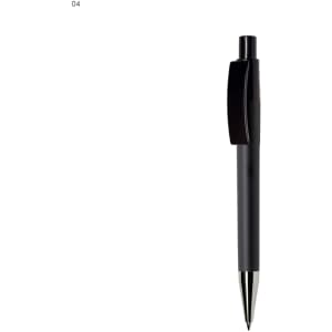 A black plastic pen with a sleek design and a clip, featuring a shiny silver tip and a logo on the barrel.