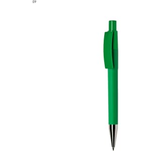 A green plastic pen with a click mechanism and a silver nib. It features a logo on its body.